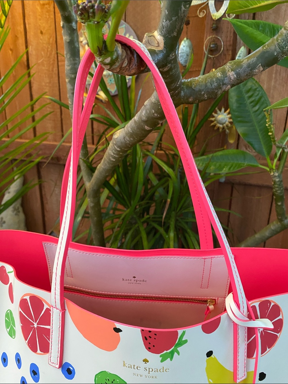 kate spade White Multicolor Fruit Print Tote with Pink Trim - Picture 5 of 12